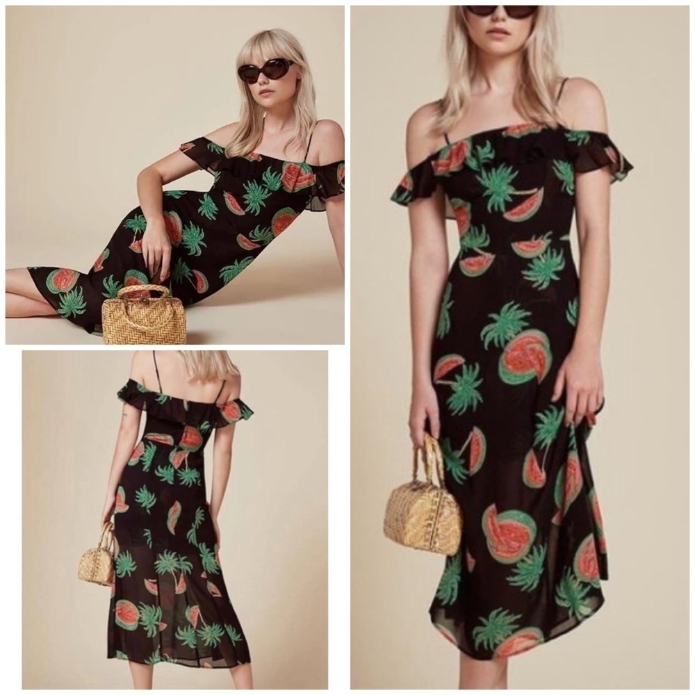 EUC Reformation Watermelon Palm Trees Hydrangea Melon Off the Shoulder Dress 0‌‍